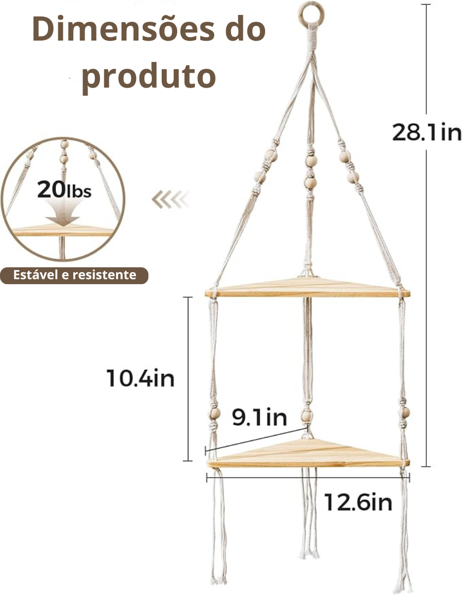 Prateleira de canto boho em macramé