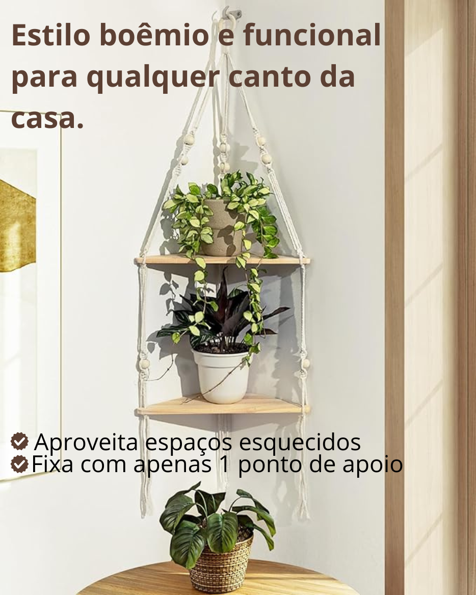 Prateleira de canto boho em macramé