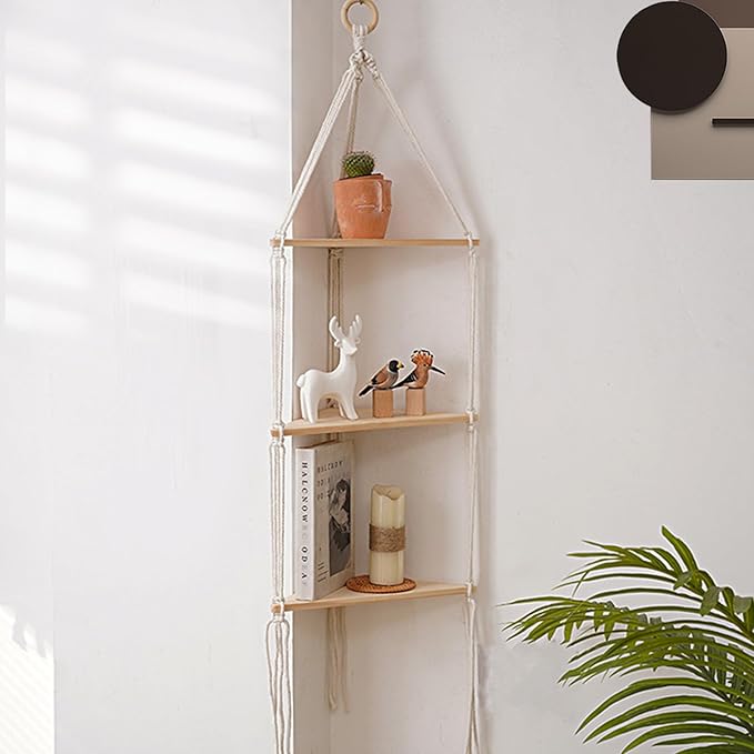Prateleira de canto boho em macramé